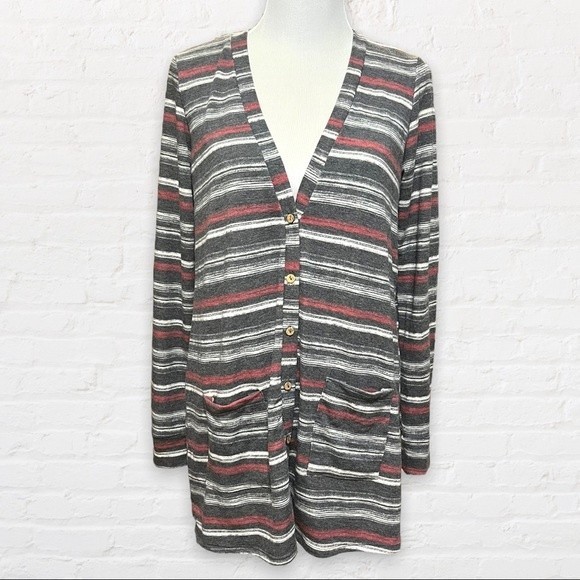 Agnes and Dora Red and Black Striped Essential Cardigan Medium EUC - Picture 1 of 6